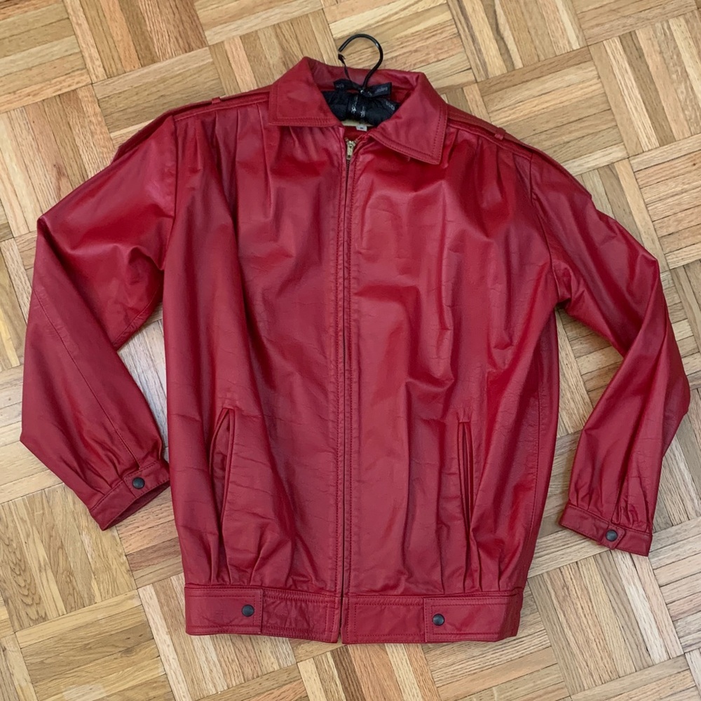 Carla NY Red Leather Bomber Jacket w/ Epaulets 1980’s Women’s Size 8 (Medium)